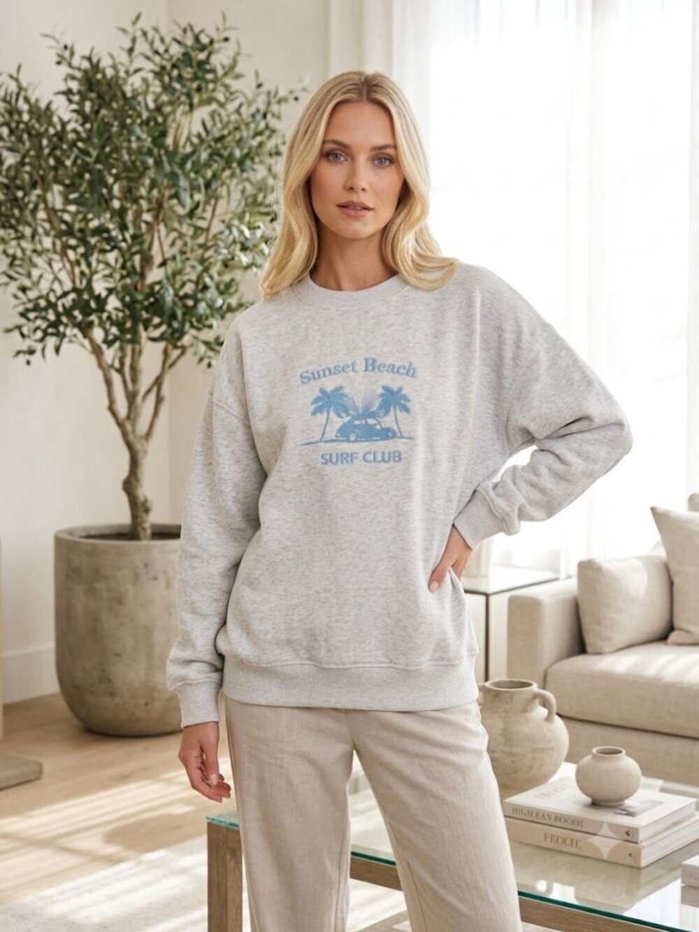 Gilli Sunset Beach Surf Club Embroidered Gray Crewneck Sweatshirt Oversized S - Picture 8 of 8